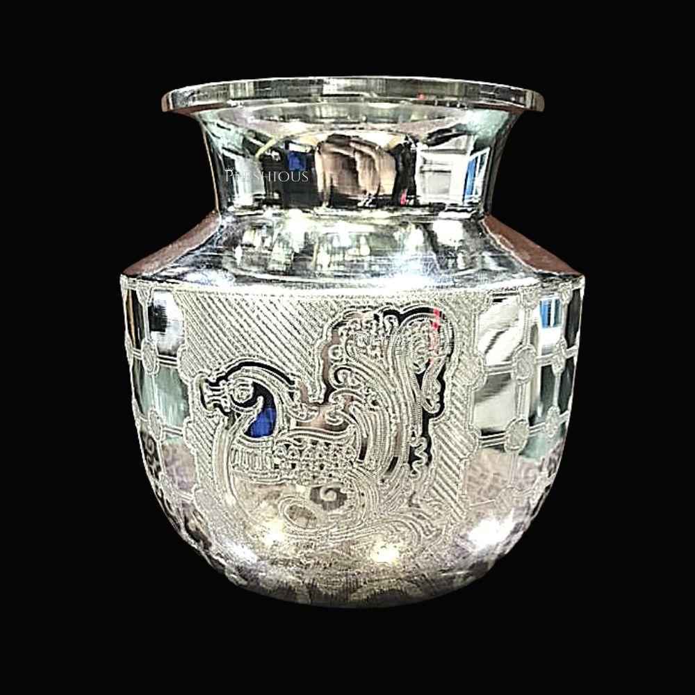 Pure Silver Fancy Embossed Cnc Engraved Kalash Lota Computer Design, 200 grams, BIS Hallmarked