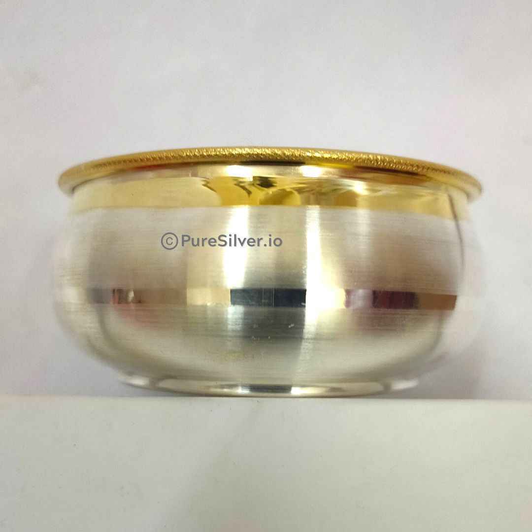 Silver Delhi Bowl 24k Pure Gold Accent Border Emery Finished, 50 grams, BIS Hallmarked