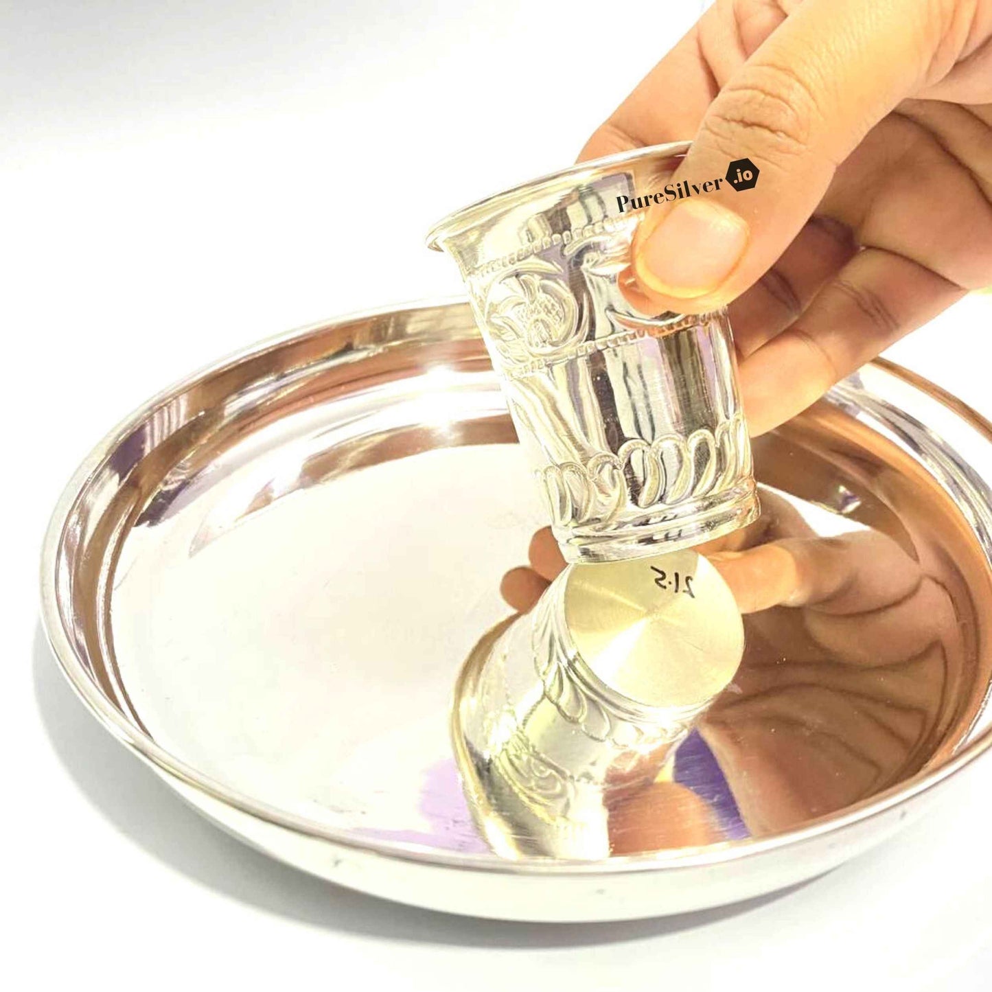Silver Glass Set Mirror Embossed Design Custom Silver Article Design28, 190 grams, BIS Hallmarked
