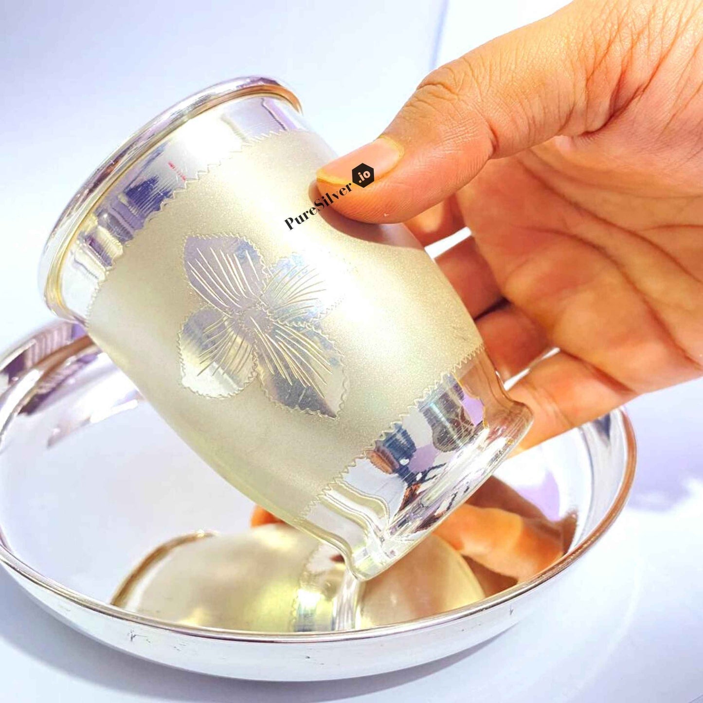 Silver Glass Set Floral Matt Design Custom Silver Article Design26, 230 grams, BIS Hallmarked