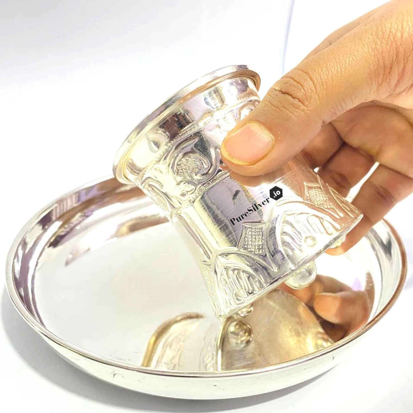 Silver Glass Set Mirror Embossed Design Custom Silver Article Design25, 230 grams, BIS Hallmarked