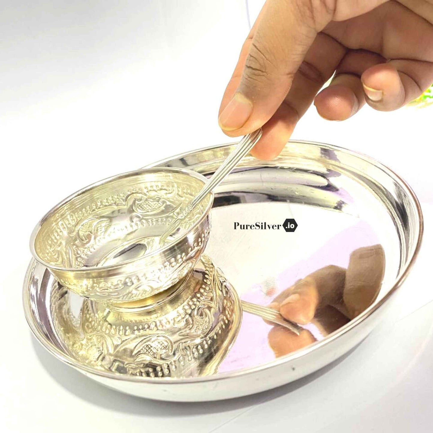 Silver Bowl for Baby Silver KatoriAnd Spoon For Baby With Plate Mirror Embossed Design Custom Silver Article Design18, 240 grams, BIS Hallmarked