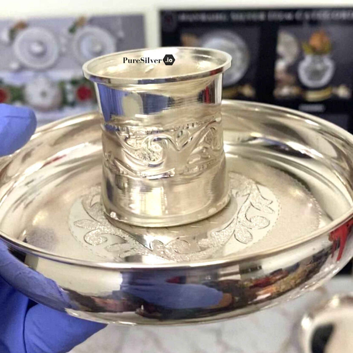 Pure Silver Glass and Plate Set for Luxury Gifting - Diamond Embossed Detailing (~120 gms)