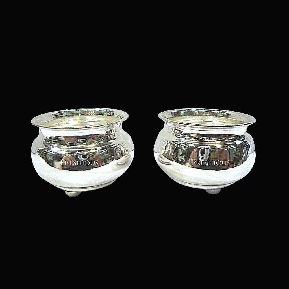 Pure Silver Pot Cups for Pooja With Round Bottom Legs (Set Of 2) Mirror Finished, 260 grams, BIS Hallmarked