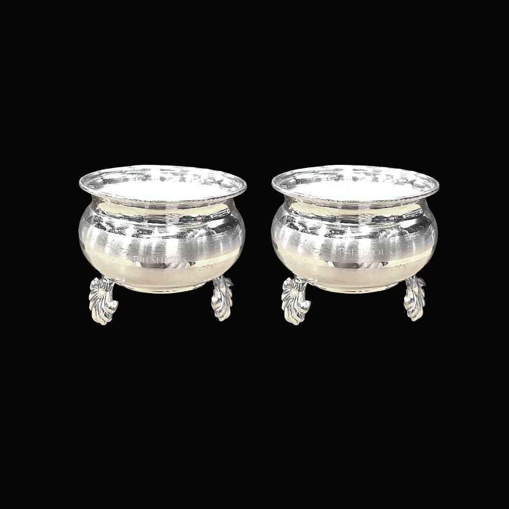 Silver Pot Cups for Pooja With Fancy Embossed Legs (Set Of 2) Embossed Indian Design and Mirror Finished, 130 grams, BIS Hallmarked