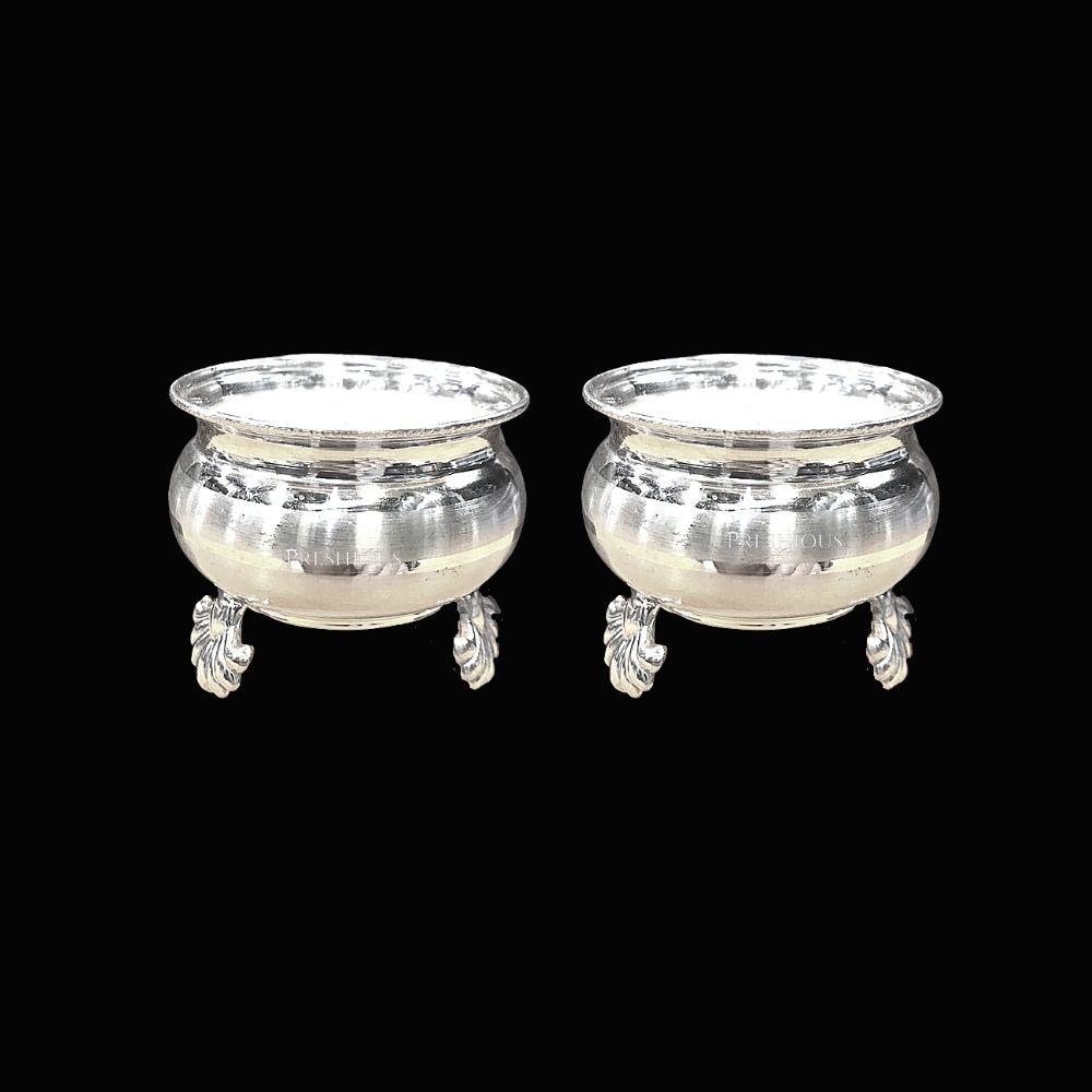 500 grams Pure Silver Pot Cups for Pooja - With Fancy Embossed Legs (Set Of 2) - Embossed Indian Design and Mirror Finished - | Custom Orders & Bulk from Silver Factory