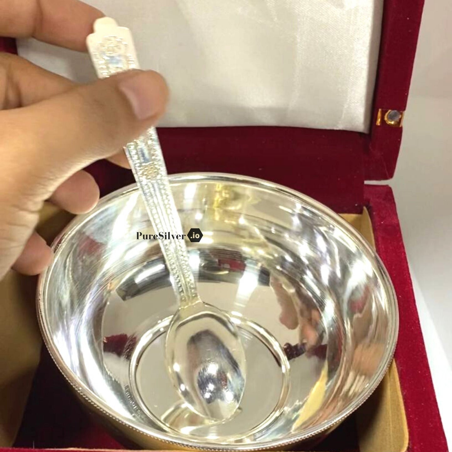 Pure Silver Bowl with Spoon for Baby - 4.4" wide * 2.3" height - Mirror Delhi Pattern - | Custom Orders & Bulk from Silver Factory