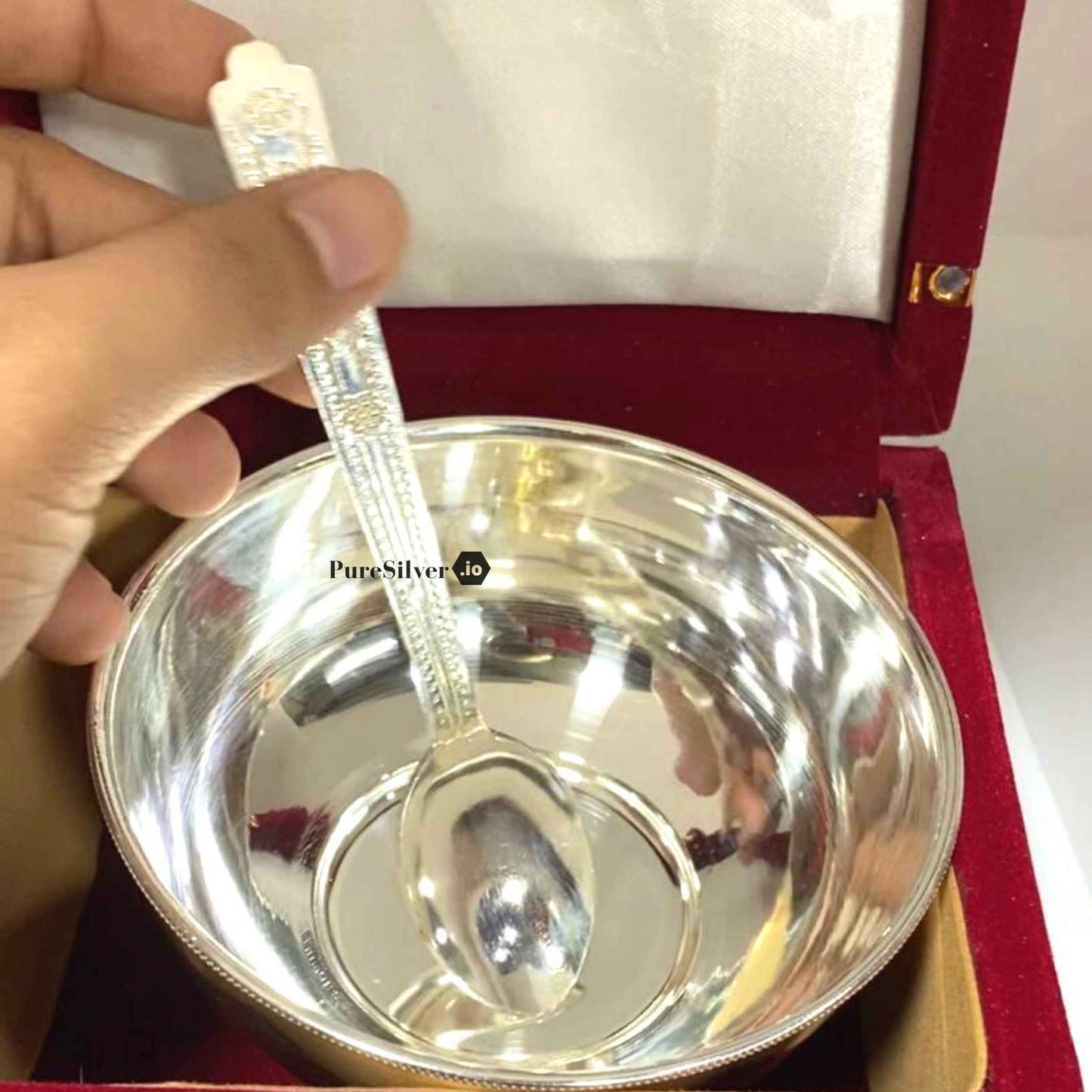 Pure Silver Bowl with Spoon for Baby 4.4" wide * 2.3" height Mirror Delhi Pattern, 80 grams, BIS Hallmarked