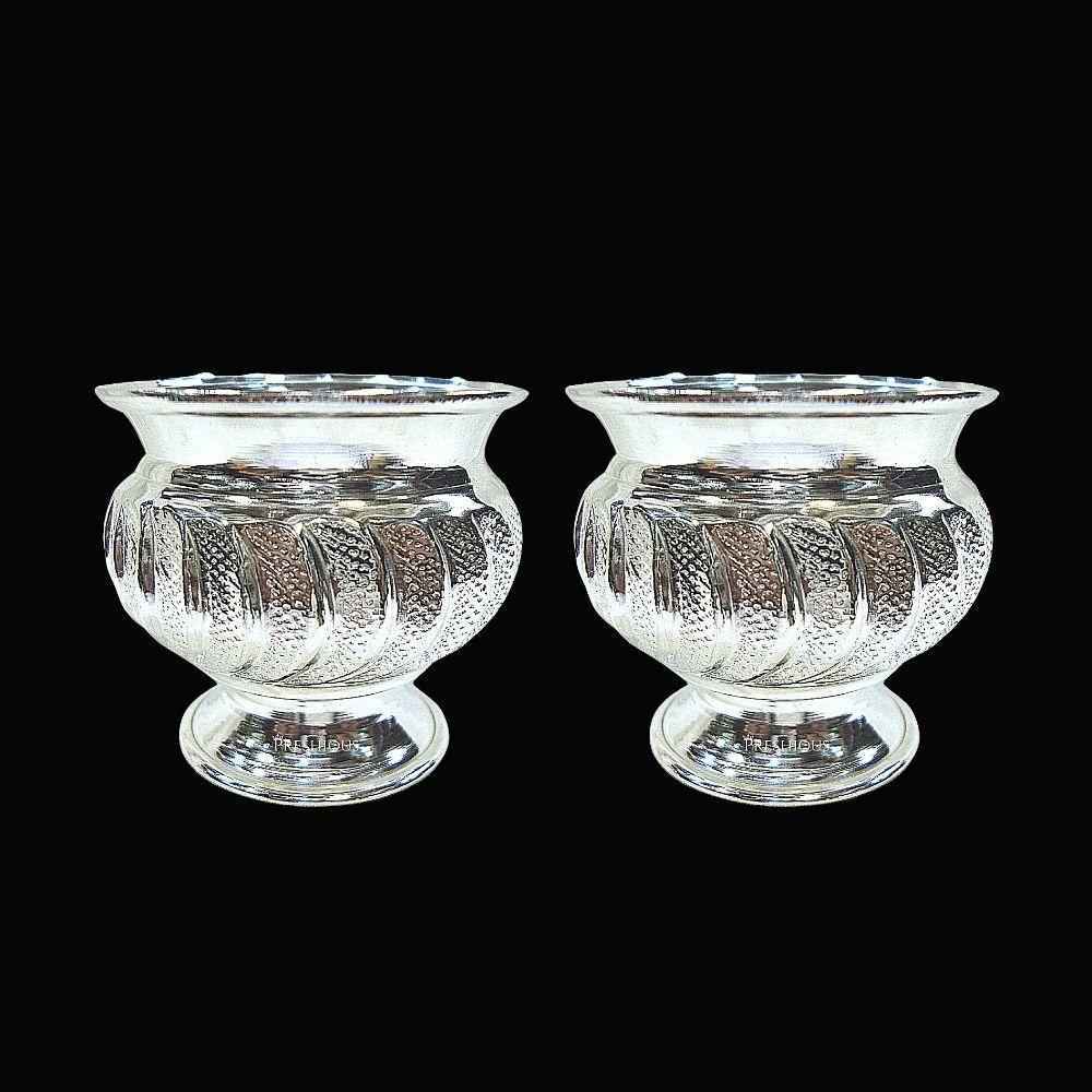 Silver Pot Cups for Pooja With Stand (Set Of 2) Embossed Indian Design and Mirror Finished, 130 grams, BIS Hallmarked