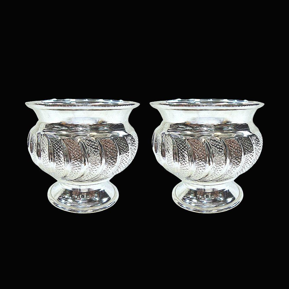 150 grams Pure Silver Pot Cups for Pooja - With Stand (Set Of 2) - Embossed Indian Design and Mirror Finished - | Custom Orders & Bulk from Silver Factory