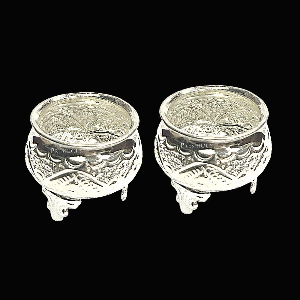 407 grams BIS Hallmarked Silver Ghee Cup With Fancy Embossed Legs (Set Of 2) - Embossed Indian Design and Mirror Finished - | Custom Orders & Bulk from Silver Factory
