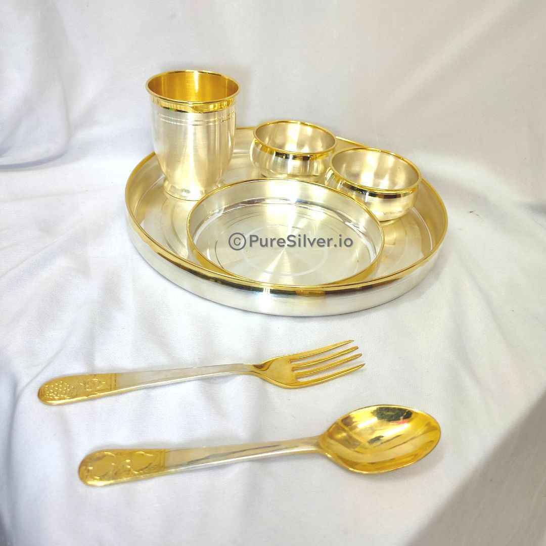 Pure Silver 24k PureGold Accent Border Designer Silver Dinner Set Emery Polished, 1210 grams, BIS Hallmarked