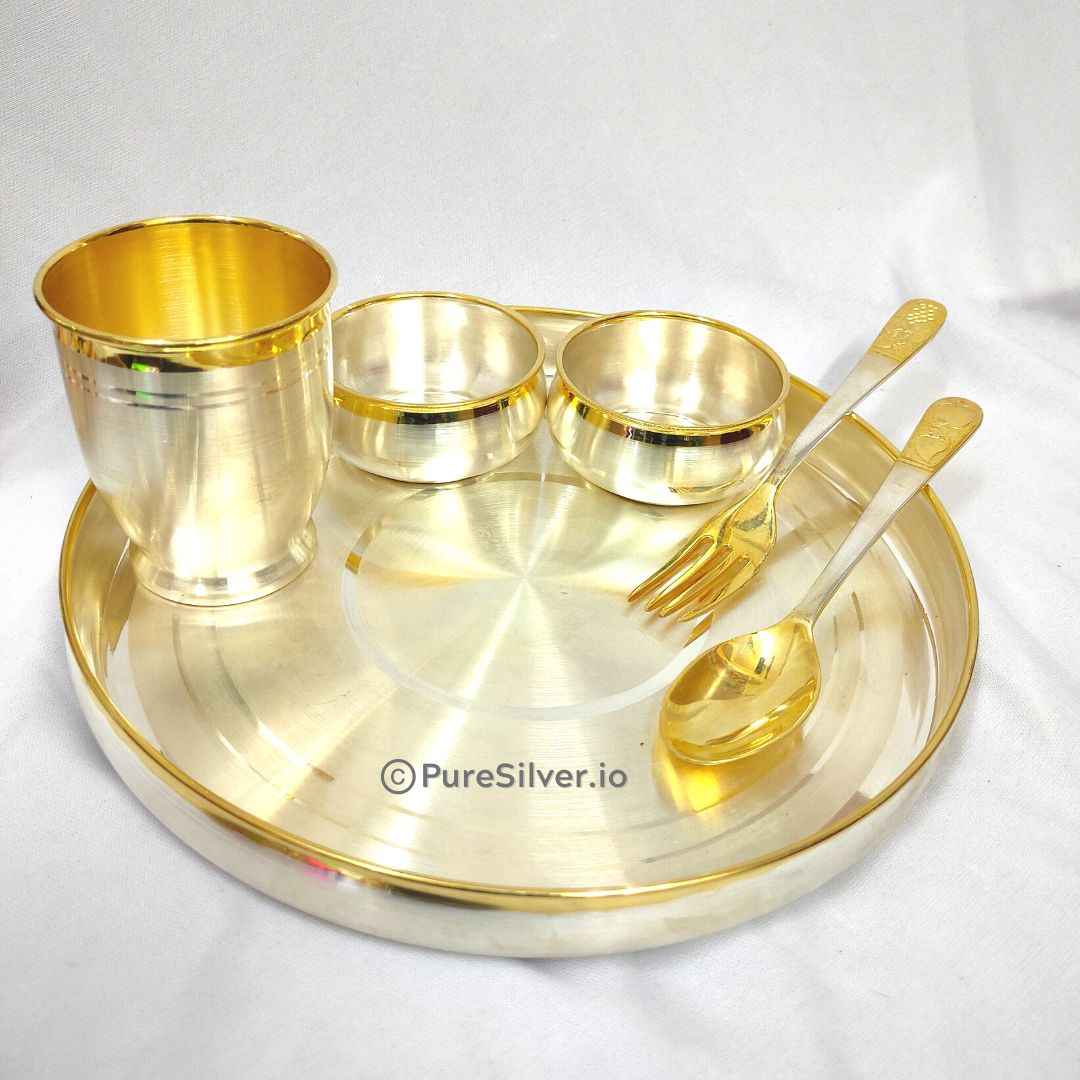 24k Pure Gold Accent Border 6 pcs Silver Dinner Set Emery Gold Finished, 1010 grams, BIS Hallmarked