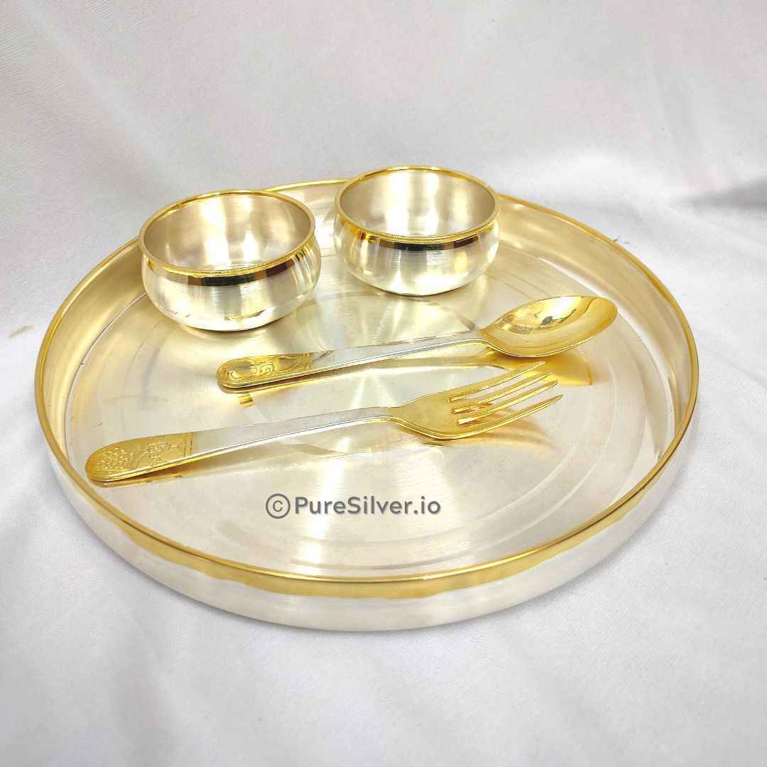 Pure Silver 24k Gold Accent Border Designer Luxury Silver Dinner Set 5 Pcs Emery Gold Finished, 1210 grams, BIS Hallmarked
