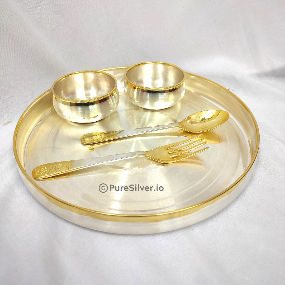1509 grams Pure Silver 24k Gold Accent Border Designer Luxury Silver Dinner Set - 5 Pcs - Emery Gold Finished - | Custom Orders & Bulk from Silver Factory