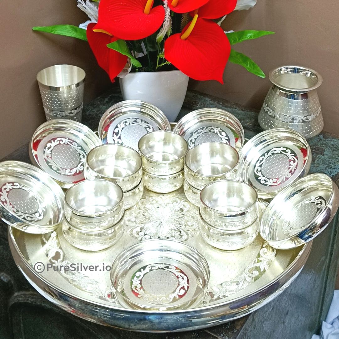4000 grams Pure Silver Maharaja Thali Set - 25 Pieces - Diamond Engraved LUXE Design - | Custom Orders & Bulk from Silver Factory