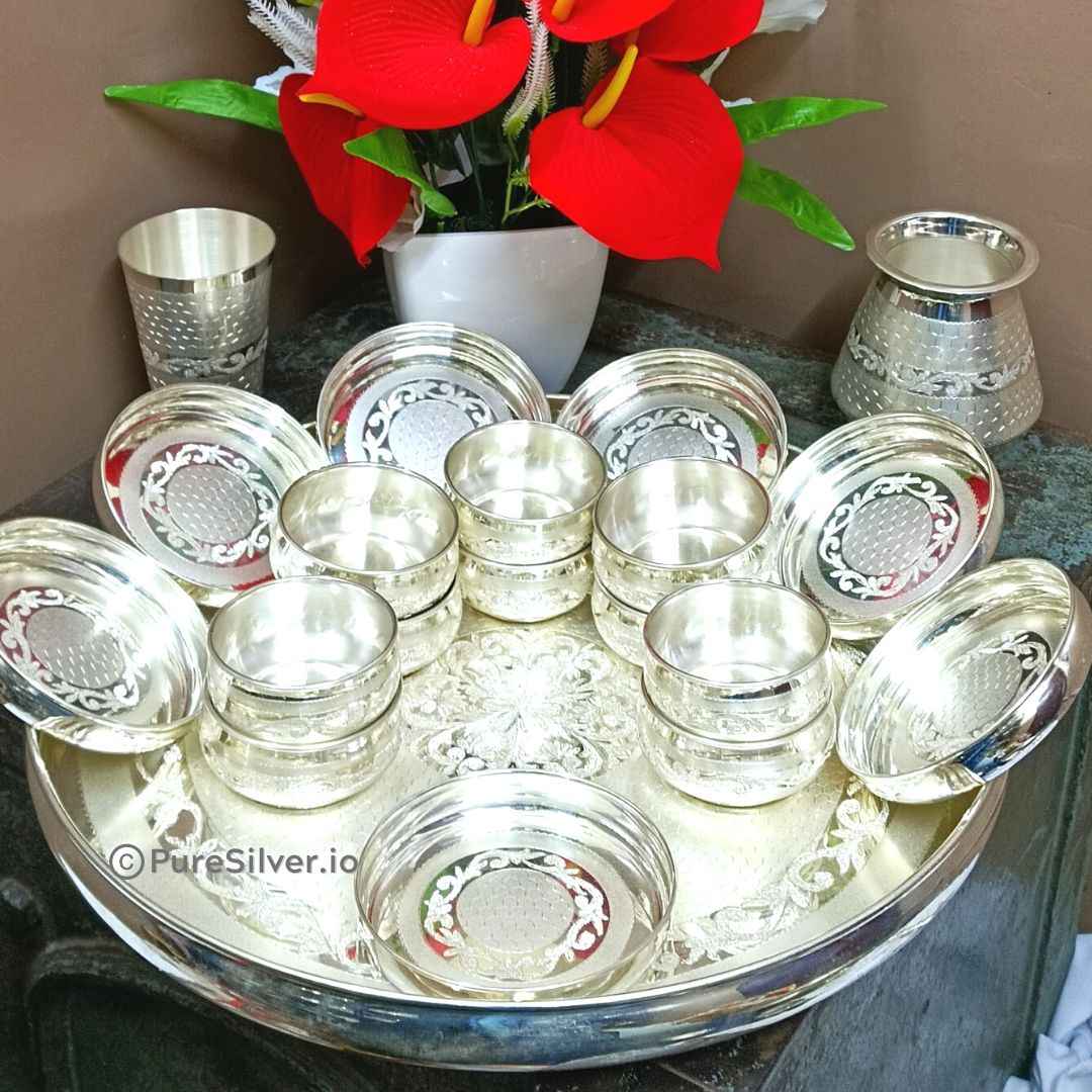 Pure Silver Maharaja Thali Set 25 Pieces Diamond Engraved LUXE Design, 4000 grams, BIS Hallmarked