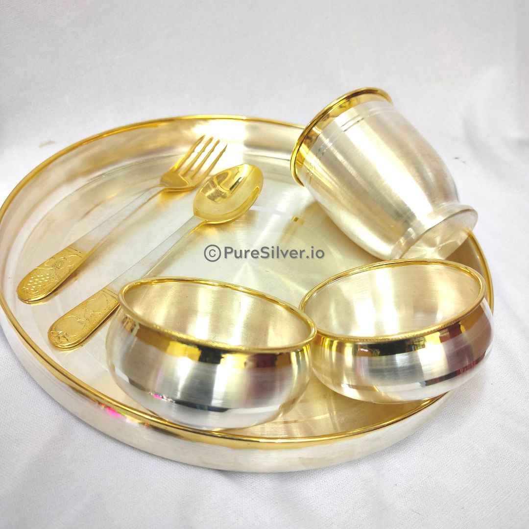 925 24k Pure Gold Accent Silver Dinner Set 6 Pcs Emery Gold Finished LUXE Collection, 900 grams, BIS Hallmarked