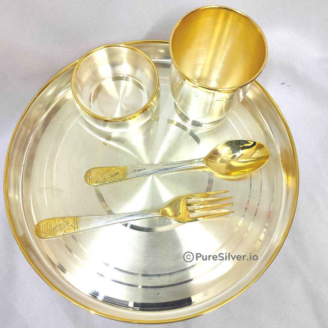 24k Pure Gold Accent Silver Dinner Set 5 Pcs Emery Gold Finished, 1210 grams, BIS Hallmarked