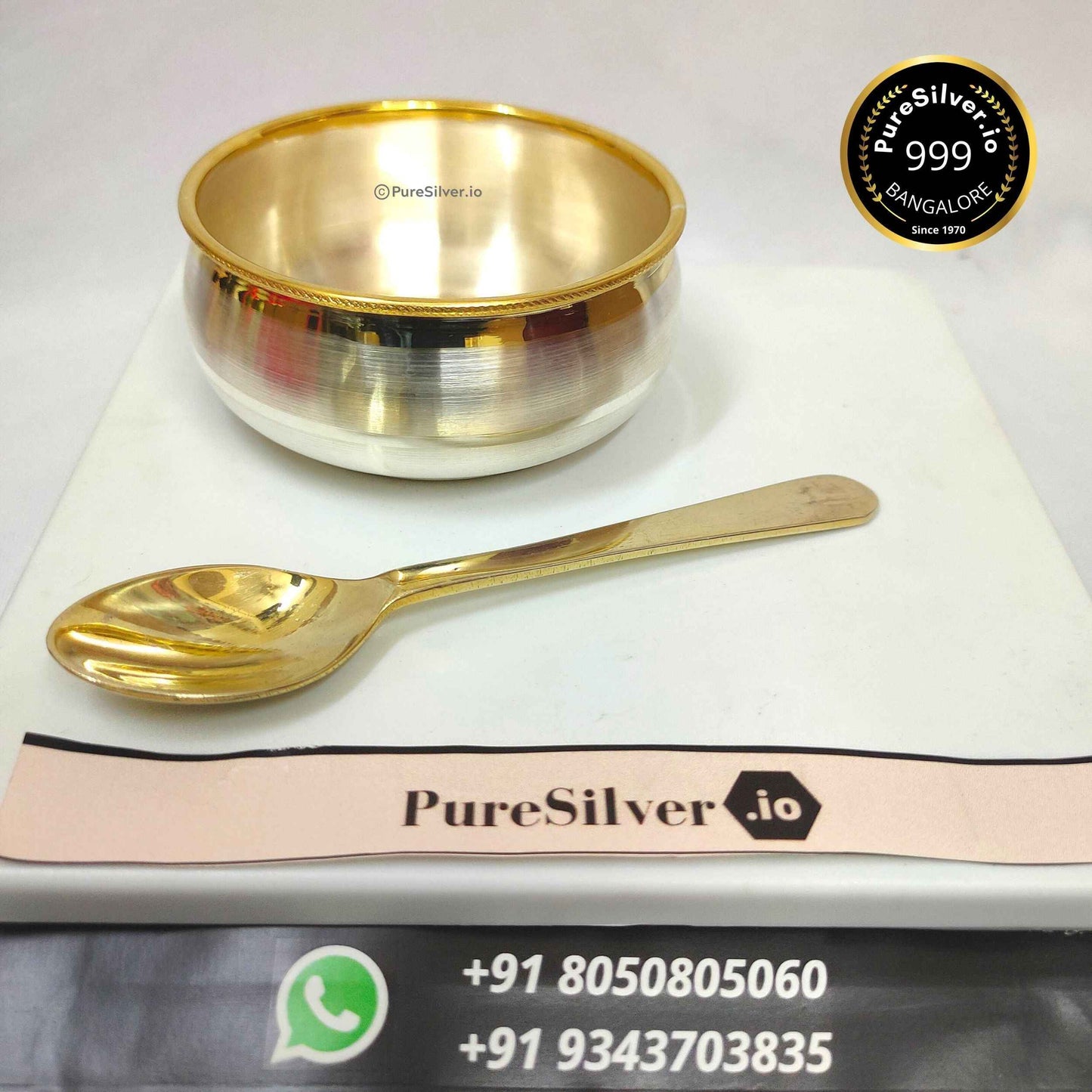 24k Pure Gold Accent Pure Silver Bowl for Baby Silver Katori and spoon for baby Custom Silver Article Design89, 60 grams, BIS Hallmarked