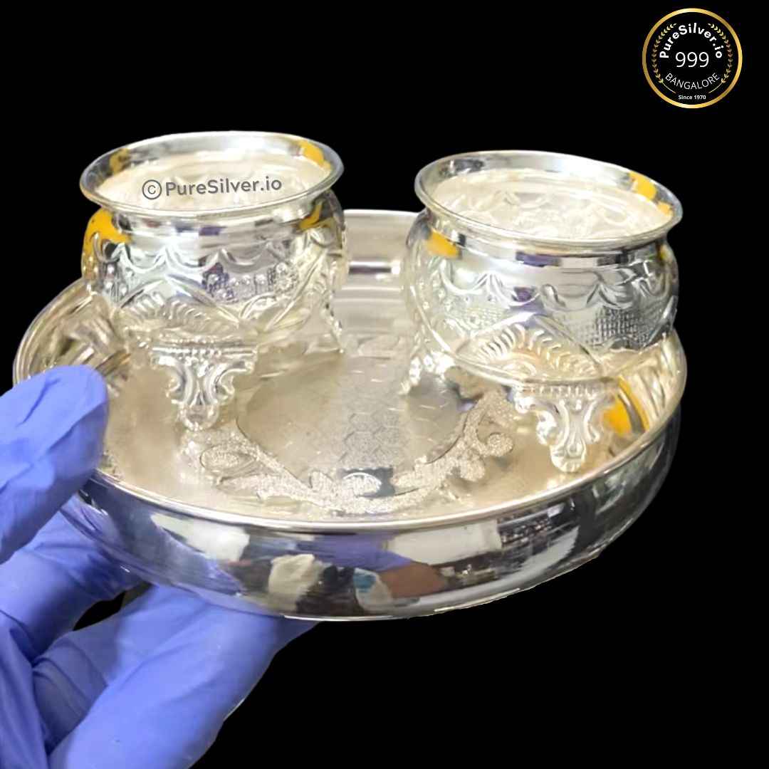 Pure Silver Small Thali set for Puja, 160 grams, BIS Hallmarked
