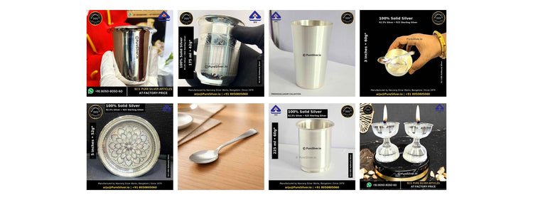 Eight distinct silver gift designs in saved sales-first order, original photos in a four-column two-row grid.