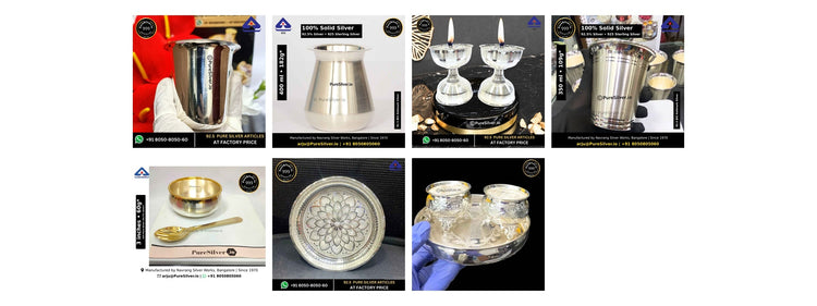 Seven distinct silver gifts in saved sales-backed order, original photographs in four columns and two rows.