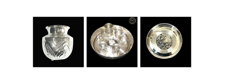 Three distinct silver gifts in collection order: embossed kalash, pooja tray set and floral plate, shown in full original photographs.
