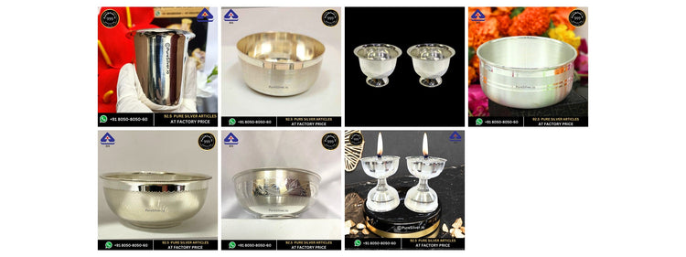 Seven individual Corporate Diwali silver gift choices in visible product order, original photographs in four columns and two rows