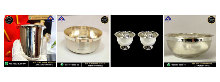 Four original corporate return-gift photographs in visible product order: Malabar glass, straight Vati bowl, Padam kumkum cups and satin Delhi bowl