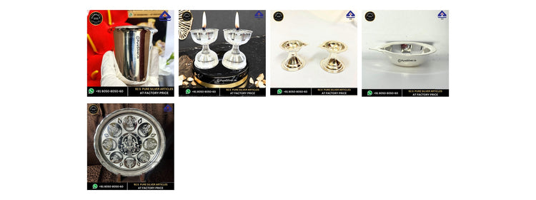 Dhanteras five-design edit: Malabar glass, Tamil diya, Ek Mukh pedestal diya, Chip Ek Mukh diya and Ashtalakshmi plate, in storefront order. Original product photographs in a four-column, two-row layout.