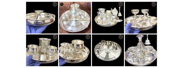 Eight distinct actual silver pooja thali sets in collection order, four columns and two rows