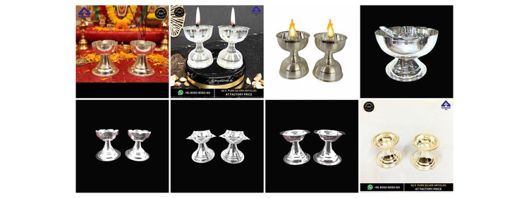 Eight distinct silver diya designs shown in the collection, with their original product photographs