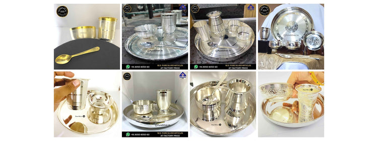 Eight actual multi-piece silver thali sets for home and gifting in a four-column two-row grid
