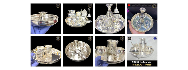 Ganesh pooja collection: eight complete original product photographs in four columns and two rows with safe margins.