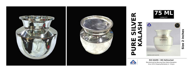 Curated silver kalash: 100 ml, 150 ml and 75 ml original product photographs