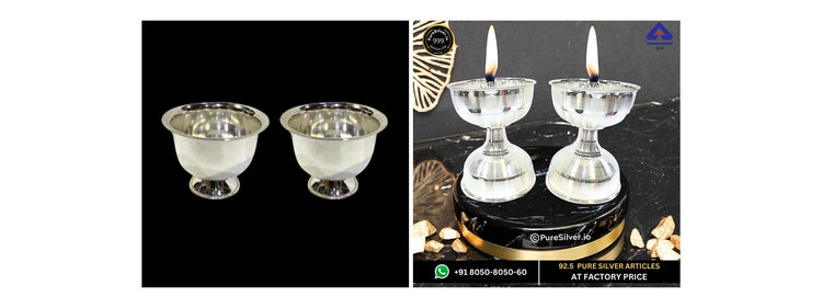 Two original Navratri pooja gift photographs in visible collection order: Padam kumkum cups and Tamil diya lamps