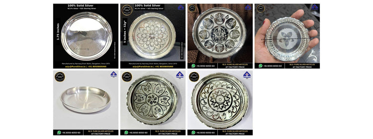 Seven distinct pooja plate photographs in collection order, four columns and two rows
