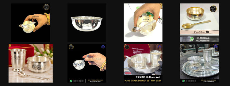 Eight PureSilver baby-feeding bowls, spoons and gift sets from the Annaprashan Silver Gifts collection, shown in collection order.