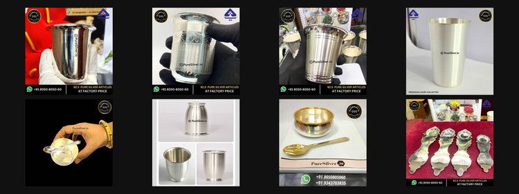 Eight PureSilver customer-favourite designs including drinking glasses, bowls and aarti holders, shown in collection order.