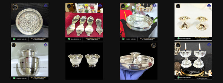 Eight PureSilver Diwali pooja and gifting designs, including plates, aarti holders, diyas, kalash, kumkum cups and thali, shown in collection order.
