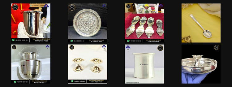 Eight PureSilver housewarming gifts including a drinking glass, plate, aarti holders, dining spoon, kalash, diya lamps, panchapatra and pooja thali, shown in collection order.