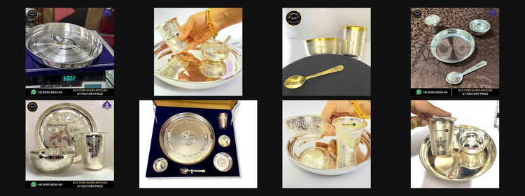 Eight PureSilver dining and feeding offers, including plate-and-spoon, bowl-and-glass and dinner gift sets, shown in collection order.