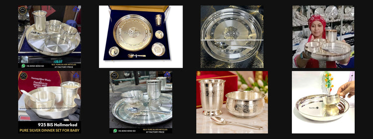Eight PureSilver dining and feeding sets, including dinner sets, baby gift sets and plate-and-spoon combinations, shown in collection order.