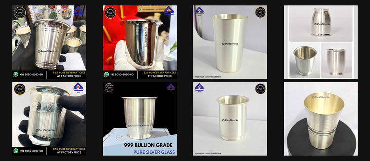 Eight PureSilver signature drinking-glass designs in Whiskey, Malabar, Marwadi, Chico, Maharaja and Rasna patterns, shown in collection order.