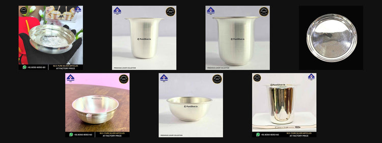 Seven PureSilver gift designs from the Below Rs.10000 collection, including small plates, glasses and bowls, shown in collection order.