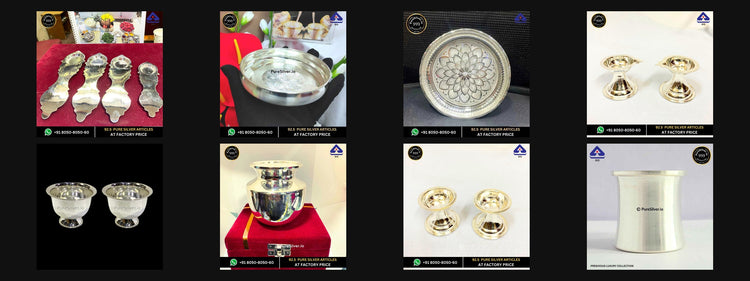 Eight PureSilver pooja designs including aarti holders, plates, diya lamps, kumkum cups, kalash and panchapatra, shown in collection order.