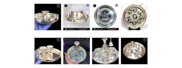 Eight original photographs of curated silver pooja thalis and sets, in collection order with wide safe margins.
