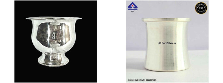 Two original silver pooja vessel photographs in collection order: Arghya Patra bowl and panchapatra