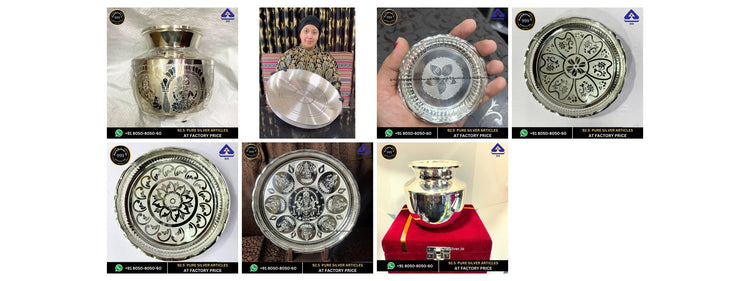 Seven actual wedding silver plate and kalash photographs in storefront order, four columns and two rows